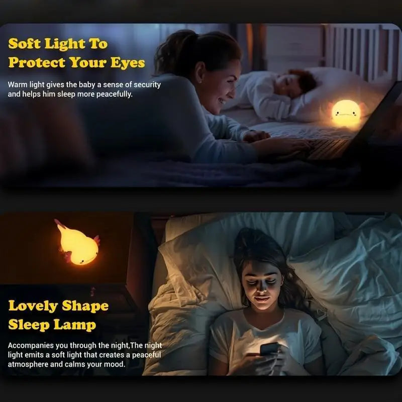 Woman reading to a child in bed with a soft kawaii night light sleep lamp, emphasizing comfort and security.