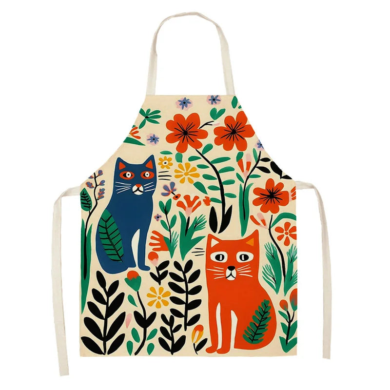 Kawaii apron with cats and floral design on a white background