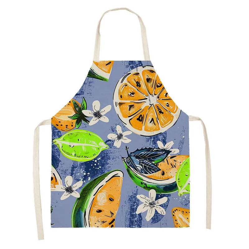 Kawaii apron with colorful fruit and flower design on a blue background