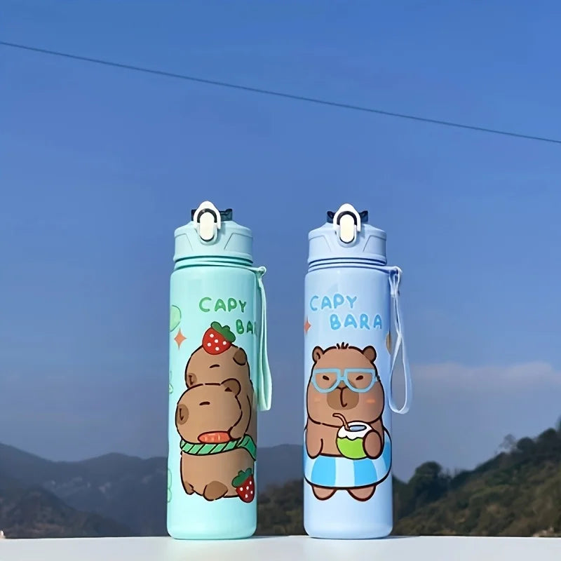 Two capybara-themed kawaii water bottles with characters on a blue sky background