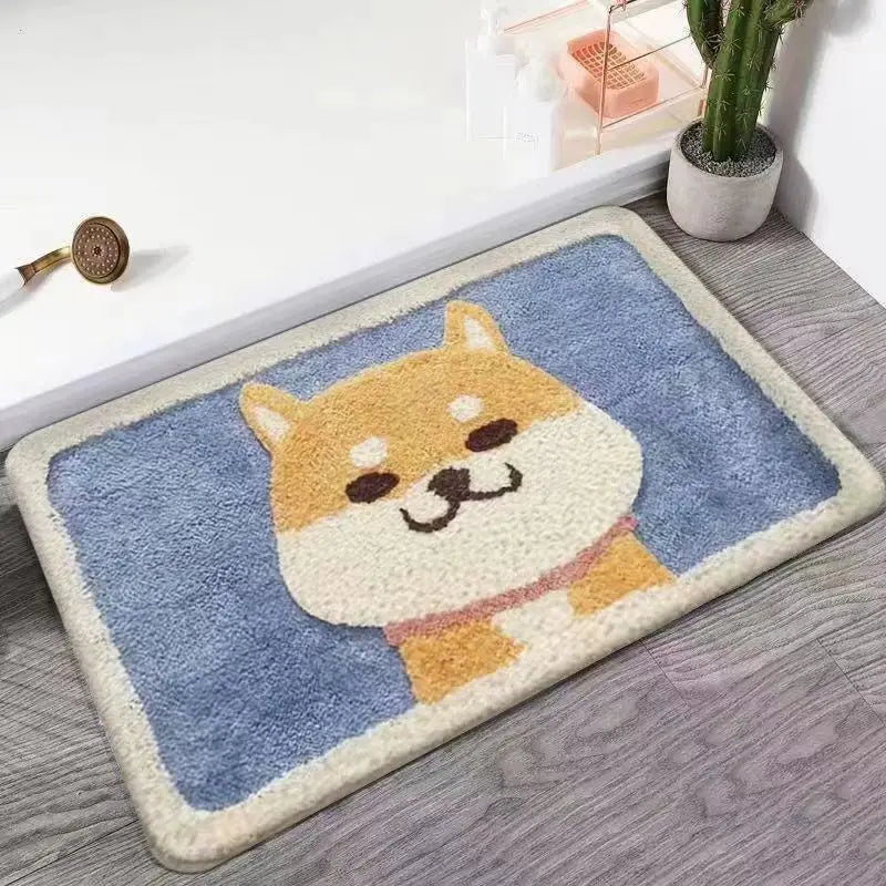 Doormat with a Kawaii dog design on a wooden floor