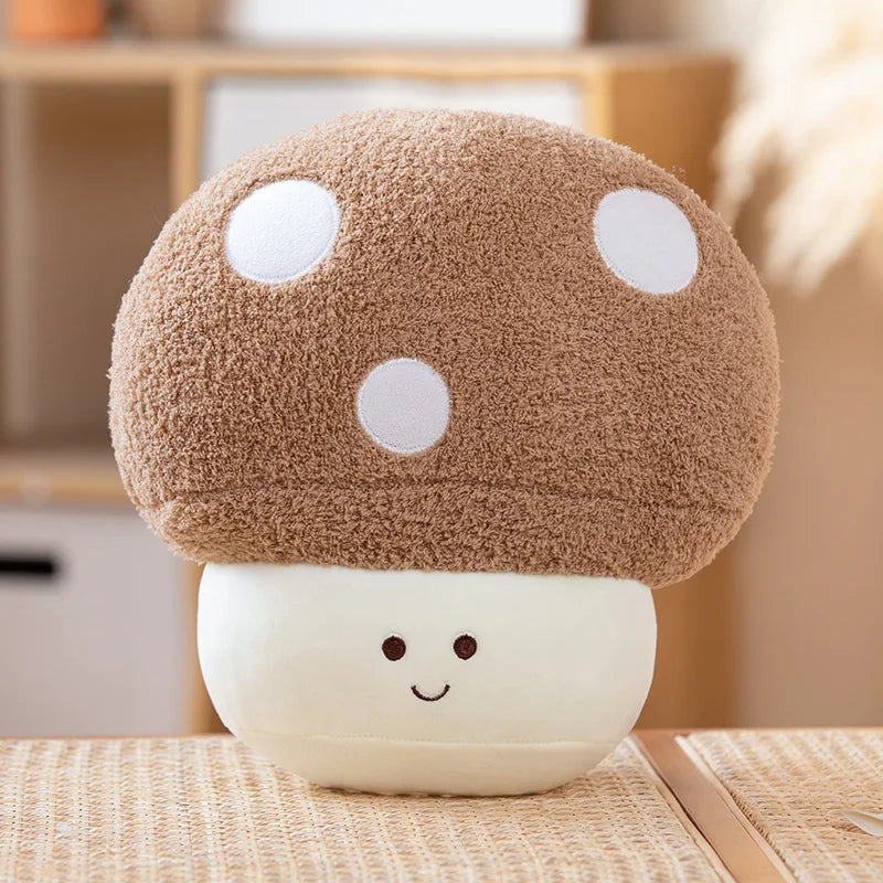 Mushroom-shaped kawaii plush toy with a smiling face on a wooden surface