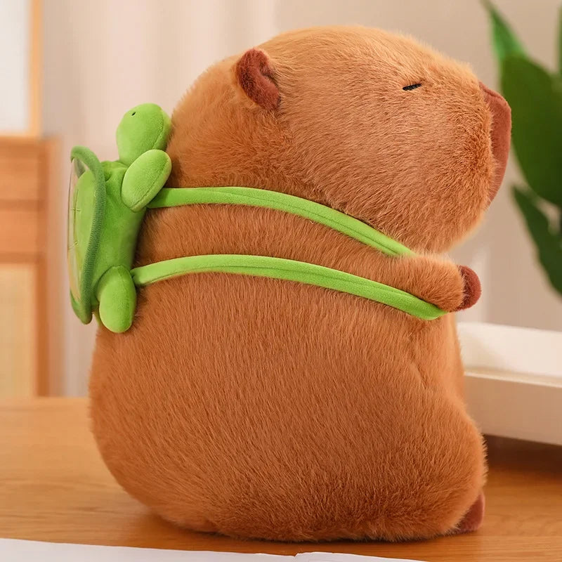 Kawaii plush toy beaver with a green backpack on a wooden surface