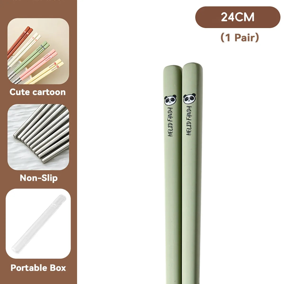 Green kawaii chopsticks with panda design on a white background, featuring text about product features.