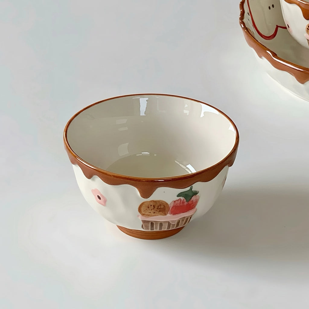 Ceramic kawaii ramen bowl with cartoon design and measurements on a white background