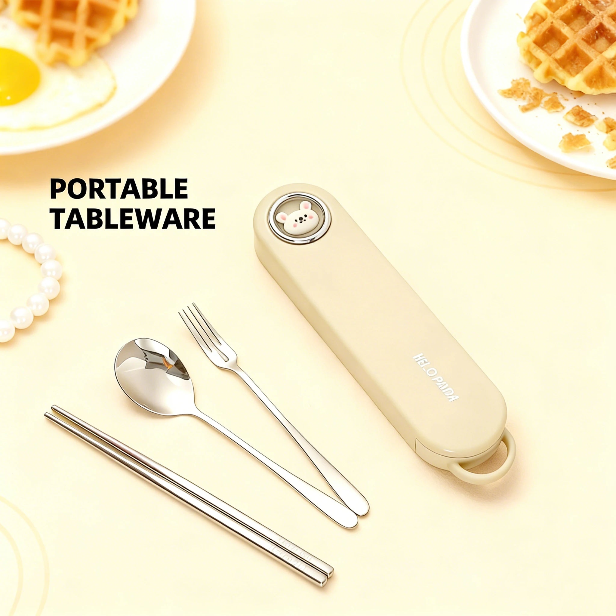 White, panda shaped kawaii utensils on a table
