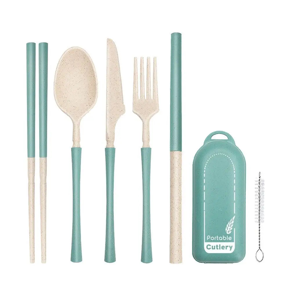 Set of portable kawaii utensils with teal handles and case on a white background