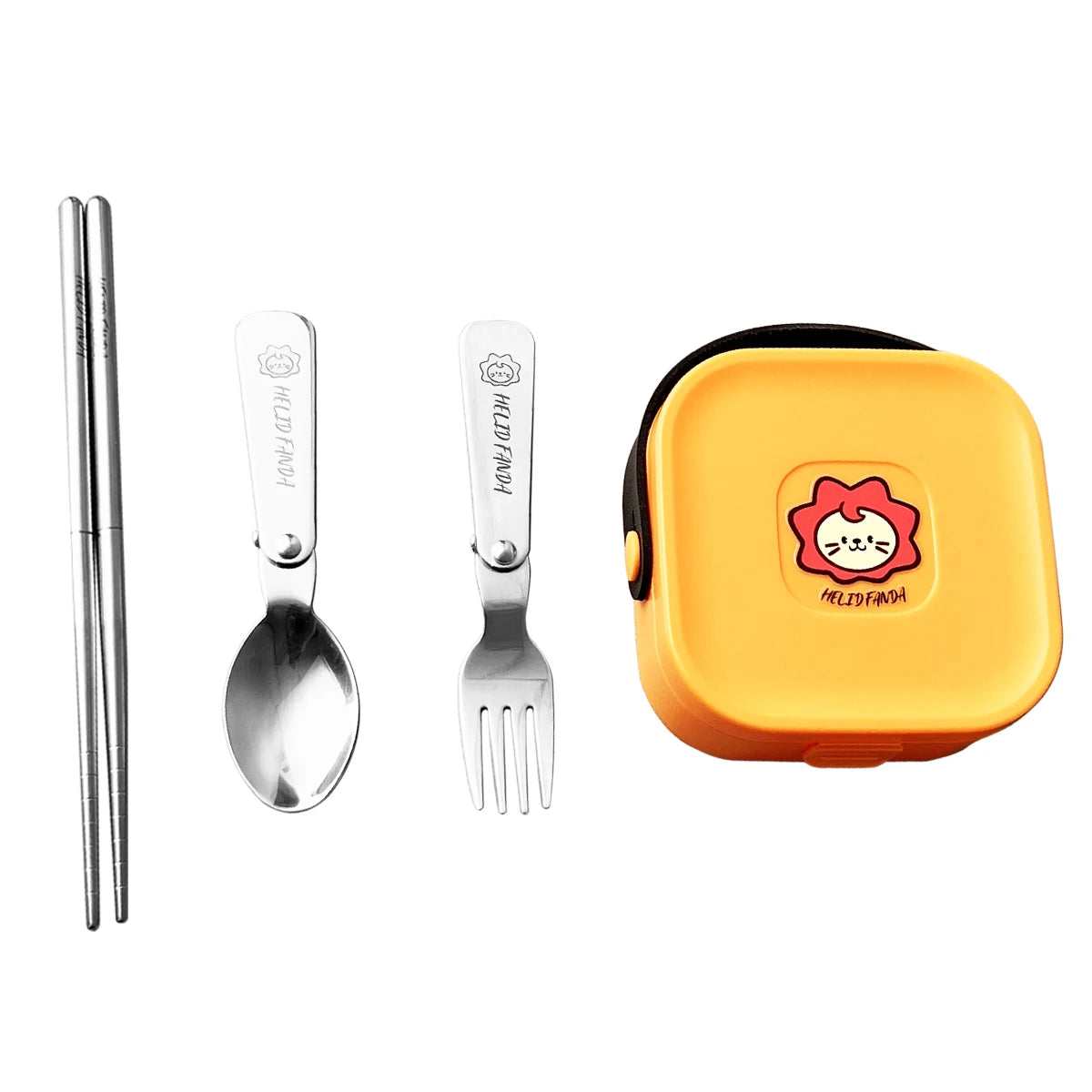 A set of steel and yellow kawaii utensils on a white background