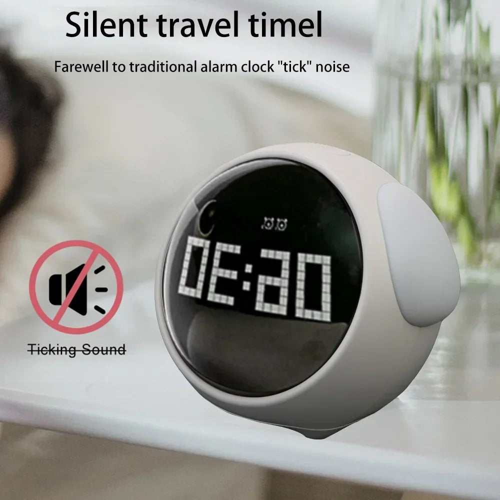 Kawaii digital clock with silent travel time feature on a blurred background
