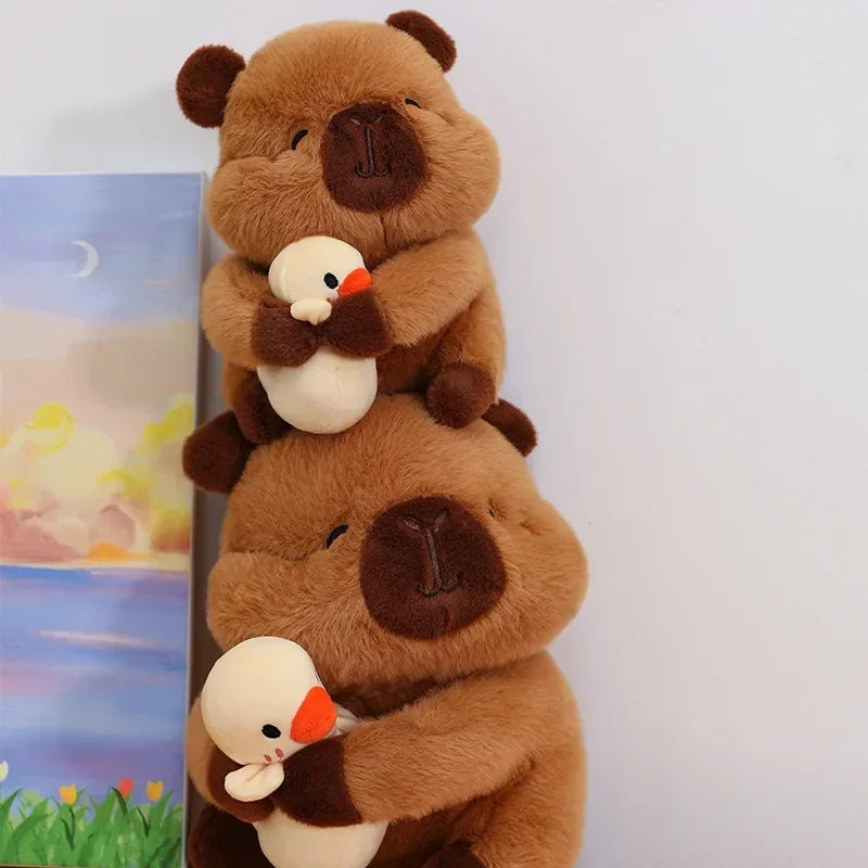 Two brown kawaii teddy bears with small white birds on a plain background