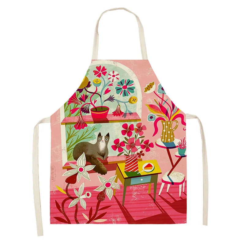 Colorful kawaii apron with a whimsical design of animals and flowers on a white background