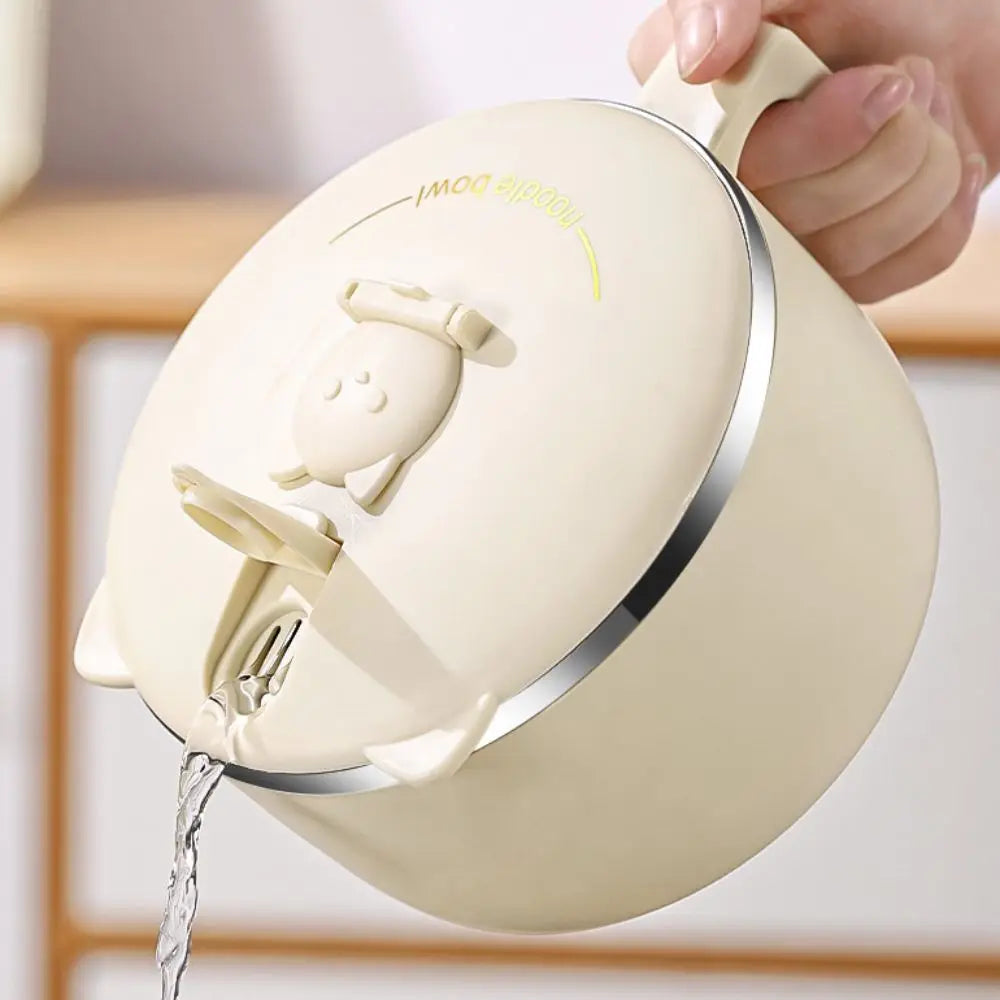 Someone pouring water out of a white kawaii ramen bowl