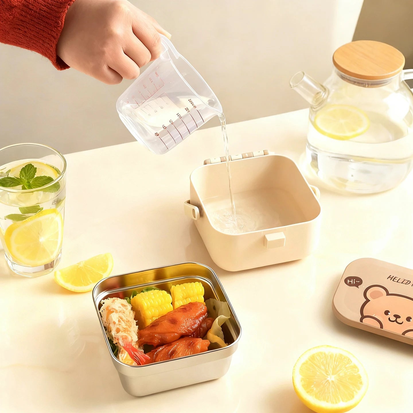 Person pouring liquid into a kawaii food container with food on a table, surrounded by lemon slices and glasses.