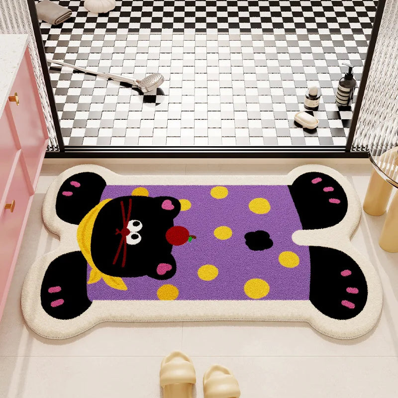 Cartoon dog kawaii bath mat on a checkered floor with a mirror and shoes in the background.