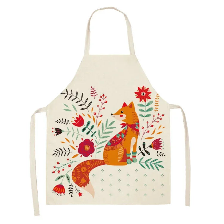 Kawaii apron with a fox and floral design on a white background