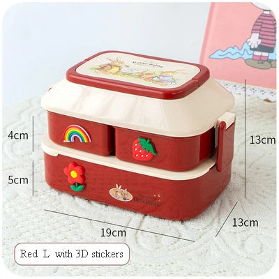 Red kawaii lunch box with 3D stickers and measurements on a white background