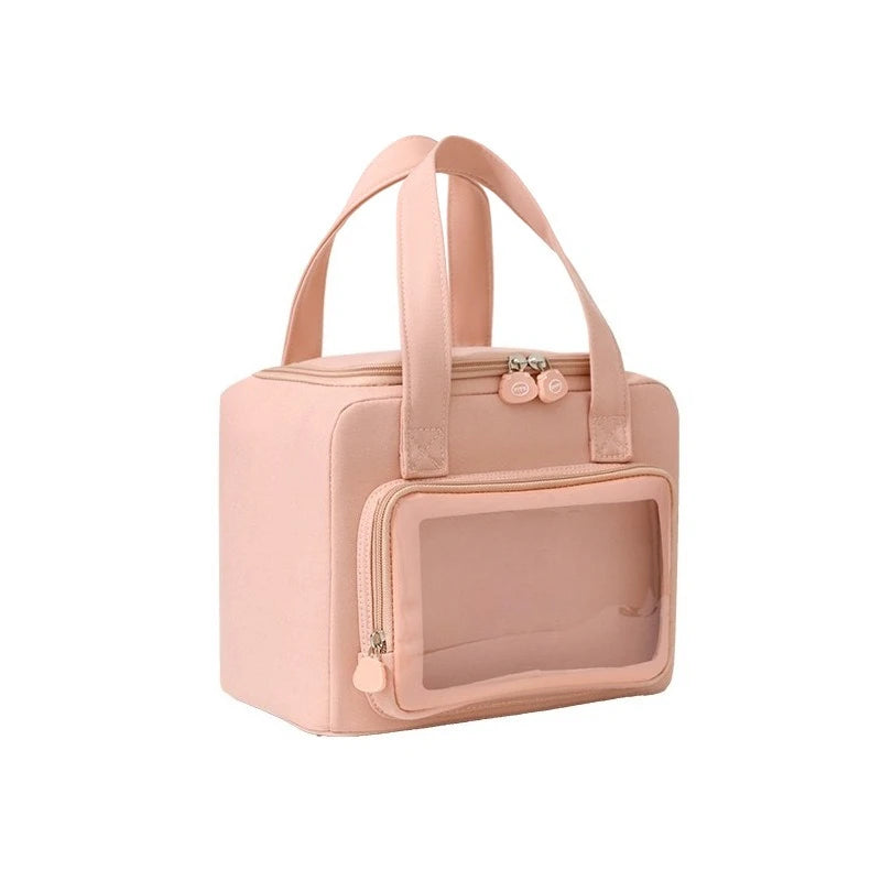 Pink kawaii handbag with a clear front panel on a white background