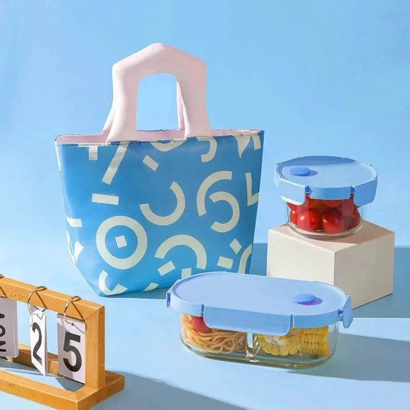 Blue patterned kawaii bag with two glass containers on a blue background