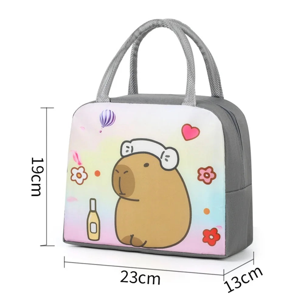 Kawaii lunch bag with cartoon design and measurements on a white background