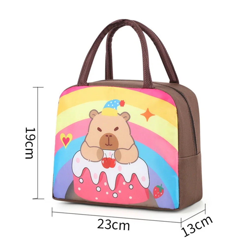Children's kawaii bag with bear and rainbow design, showing dimensions on a white background