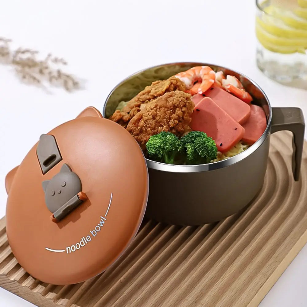 An open brown kawaii ramen bowl with food inside of it