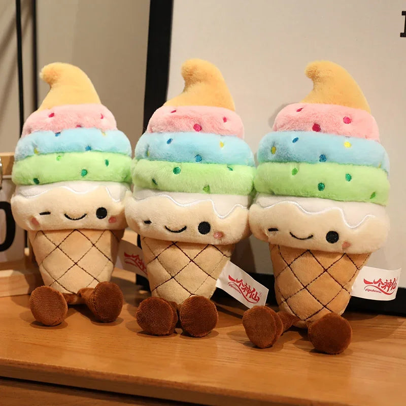 Three kawaii plush ice cream cones with smiling faces on a wooden surface.
