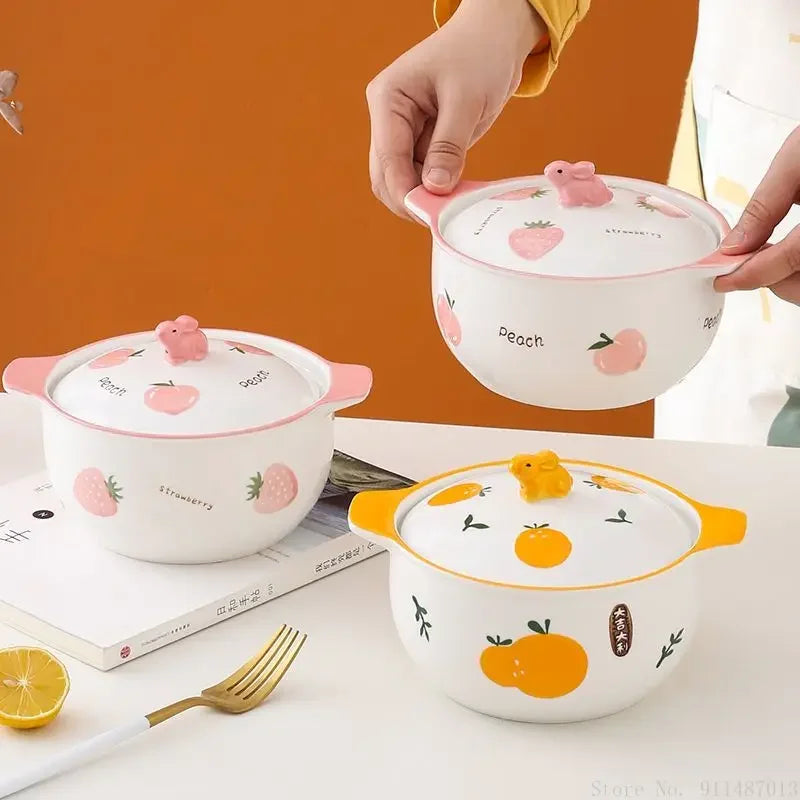 Three kawaii ramen bowls in different colours
