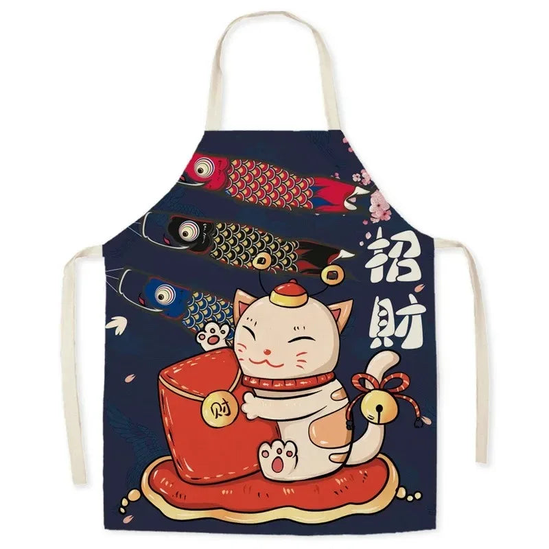 Apron with a Kawaii cartoon cat design and fish on a blue background