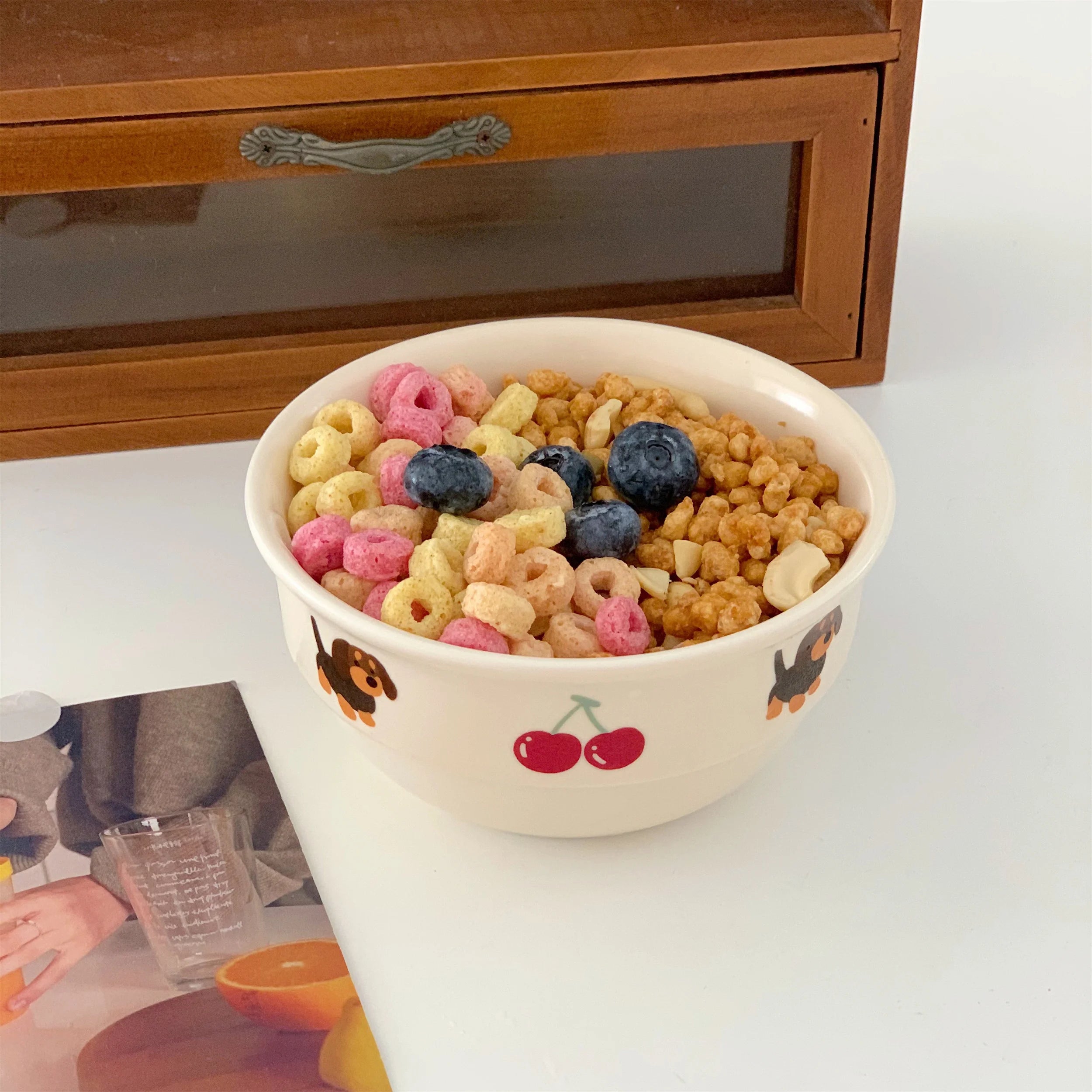 Cereal kawaii ramen bowl with colorful cereal and berries on a table