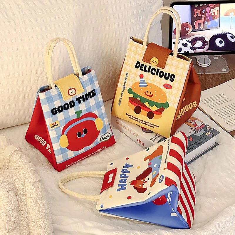 Three colorful mini kawaii bags with cartoon designs on a white surface.
