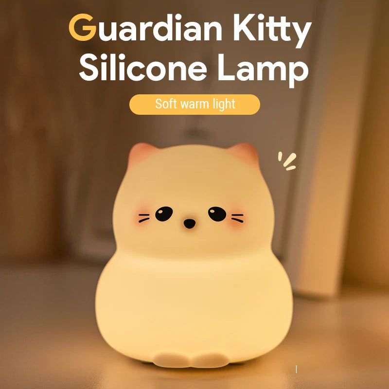 Guardian kawaii Kitty silicone lamp with a soft warm light on a blurred background