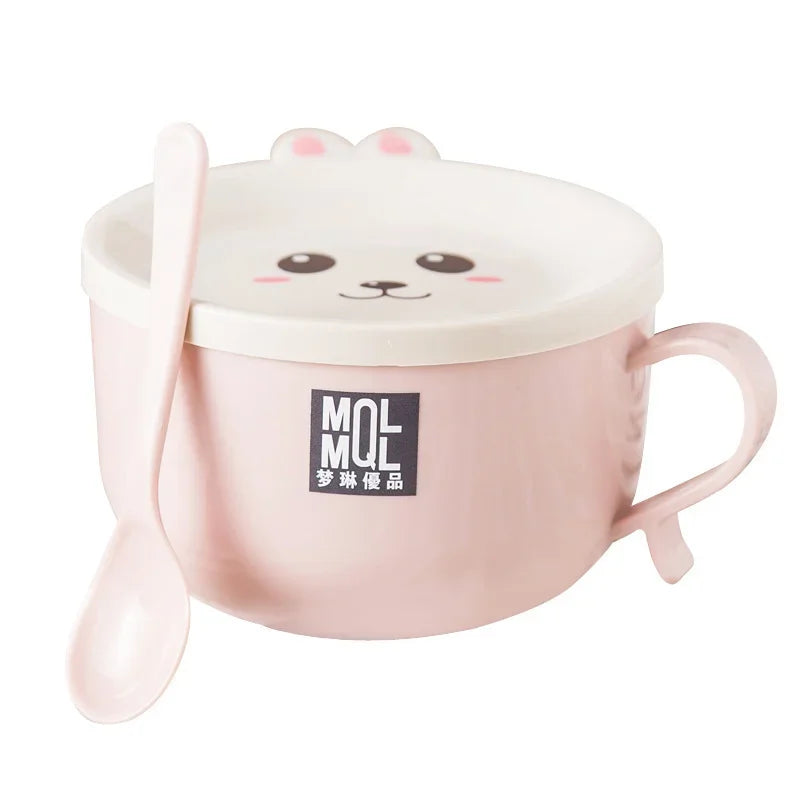 Pink cartoon-style kawaii ramen bowl with a lid and spoon on a white background