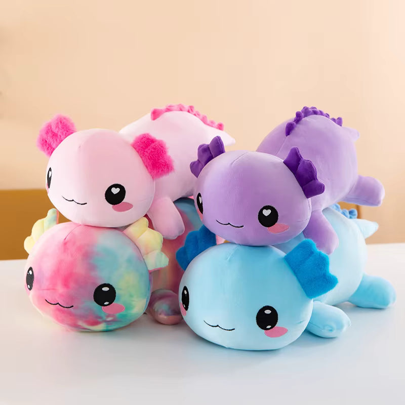 Colorful plush toys with cartoonish designs on a light background
