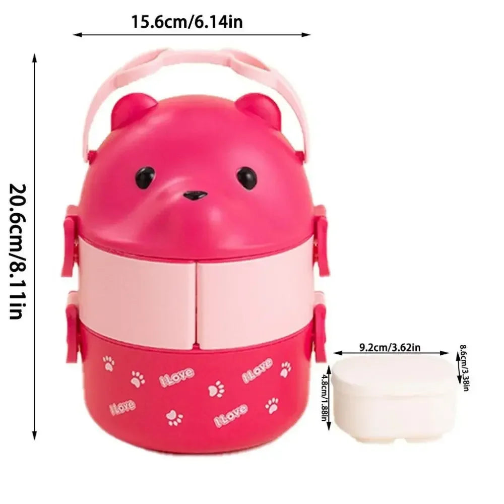 Pink bear-shaped kawaii lunch box with measurements on a white background