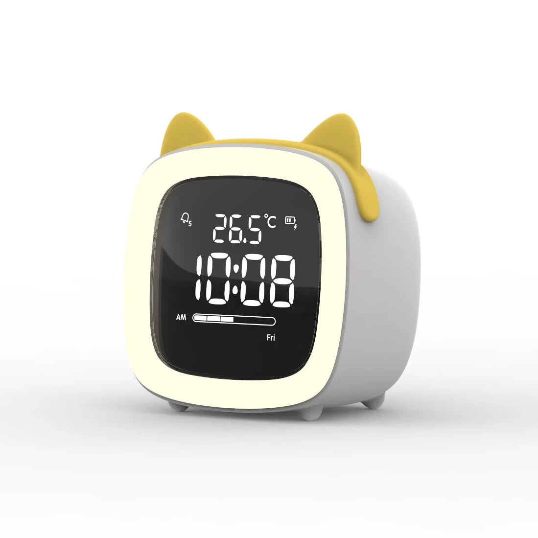 Kawaii digital clock with cat ears displaying time and temperature on a white background