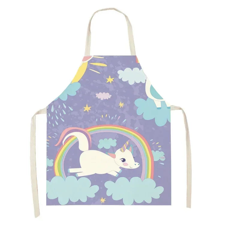 Children's kawaii apron with unicorn and rainbow design on a purple background