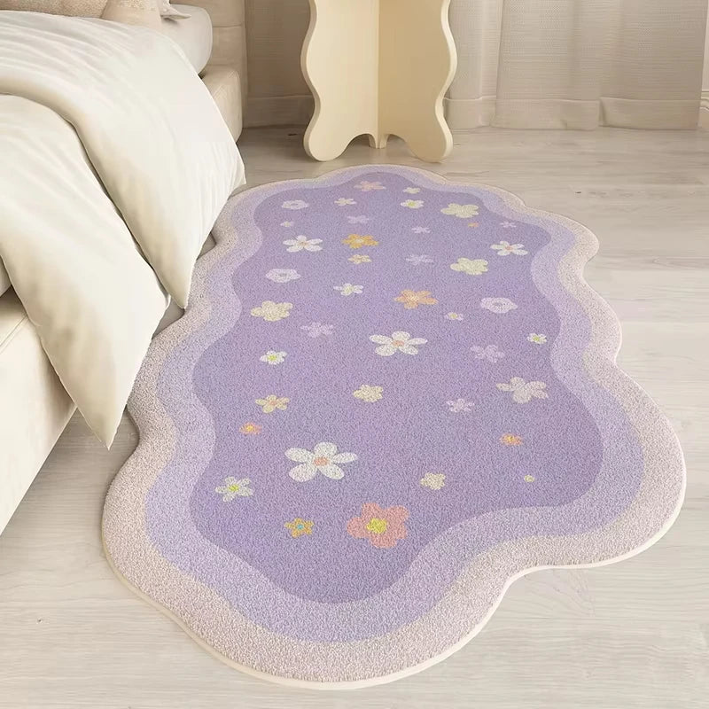 Floral patterned kawaii rug on a wooden floor in a room setting