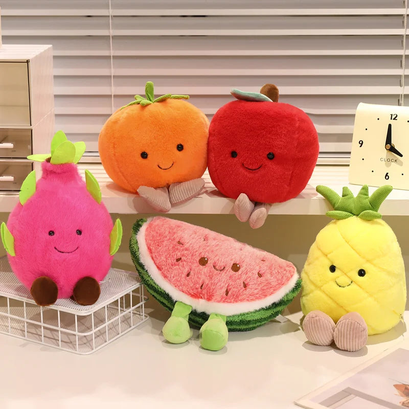 Set of kawaii plush toys shaped like fruits on a shelf with a clock in the background.