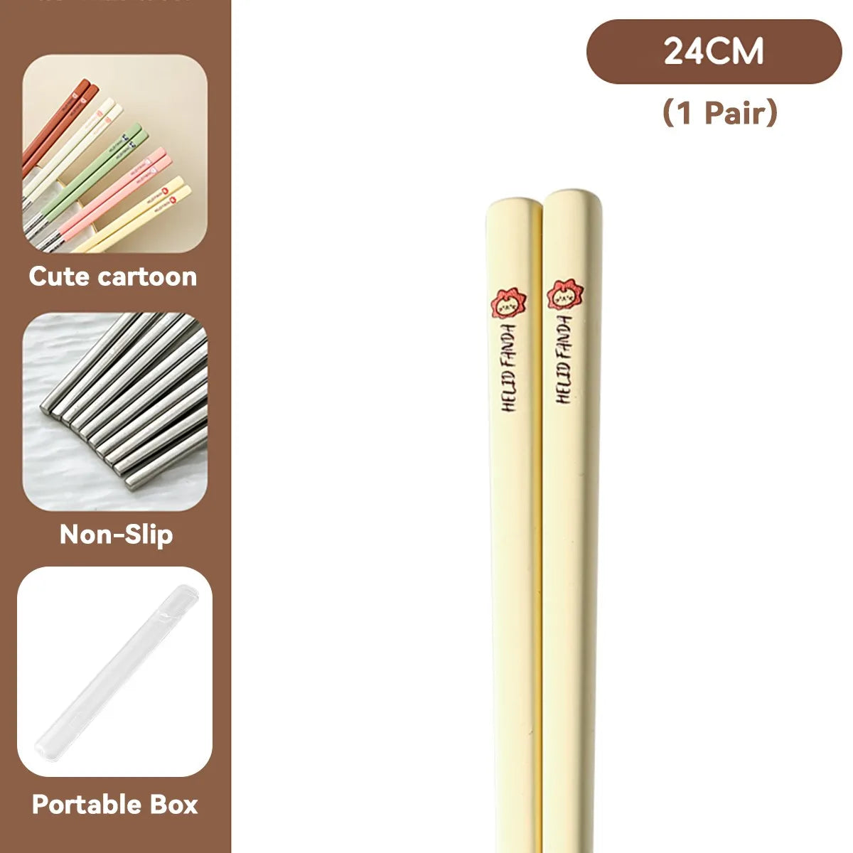 Pair of beige kawaii chopsticks with a brand logo on a brown background, showing features like non-slip design and cartoon illustrations.