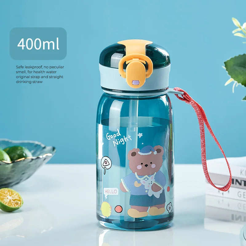 Children's kawaii water bottle with bear design on a light blue background