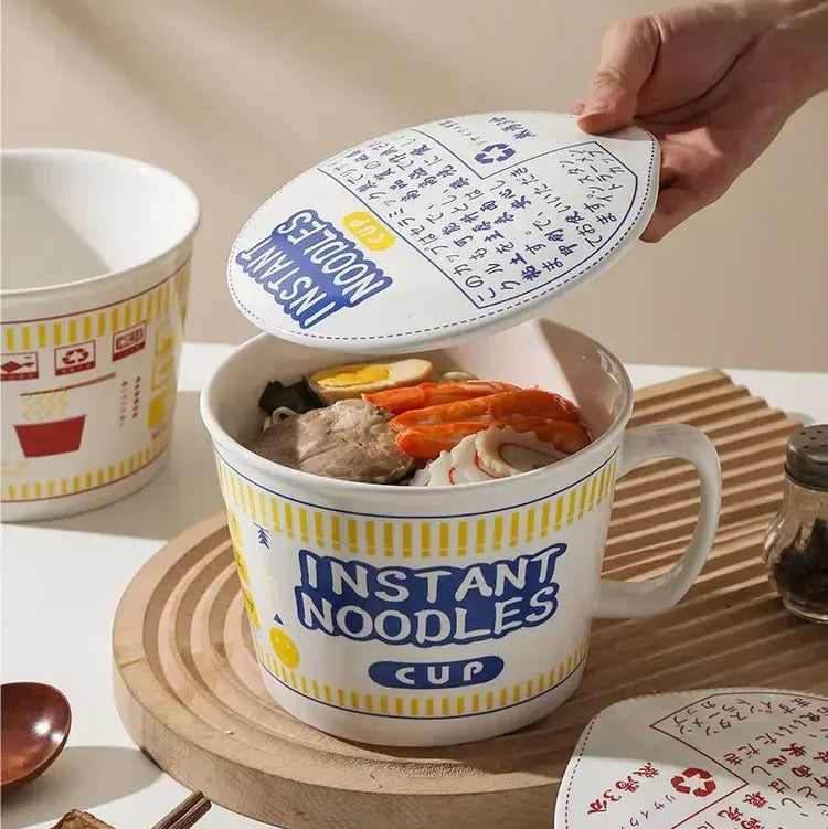 Collage of instant noodles kawaii ramen bowl with lid, food inside, and person holding the cup.