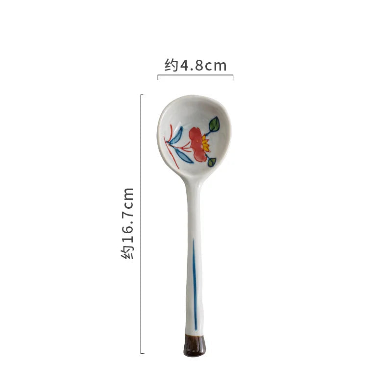 Decorative kawaii spoon with floral design and measurements on a white background
