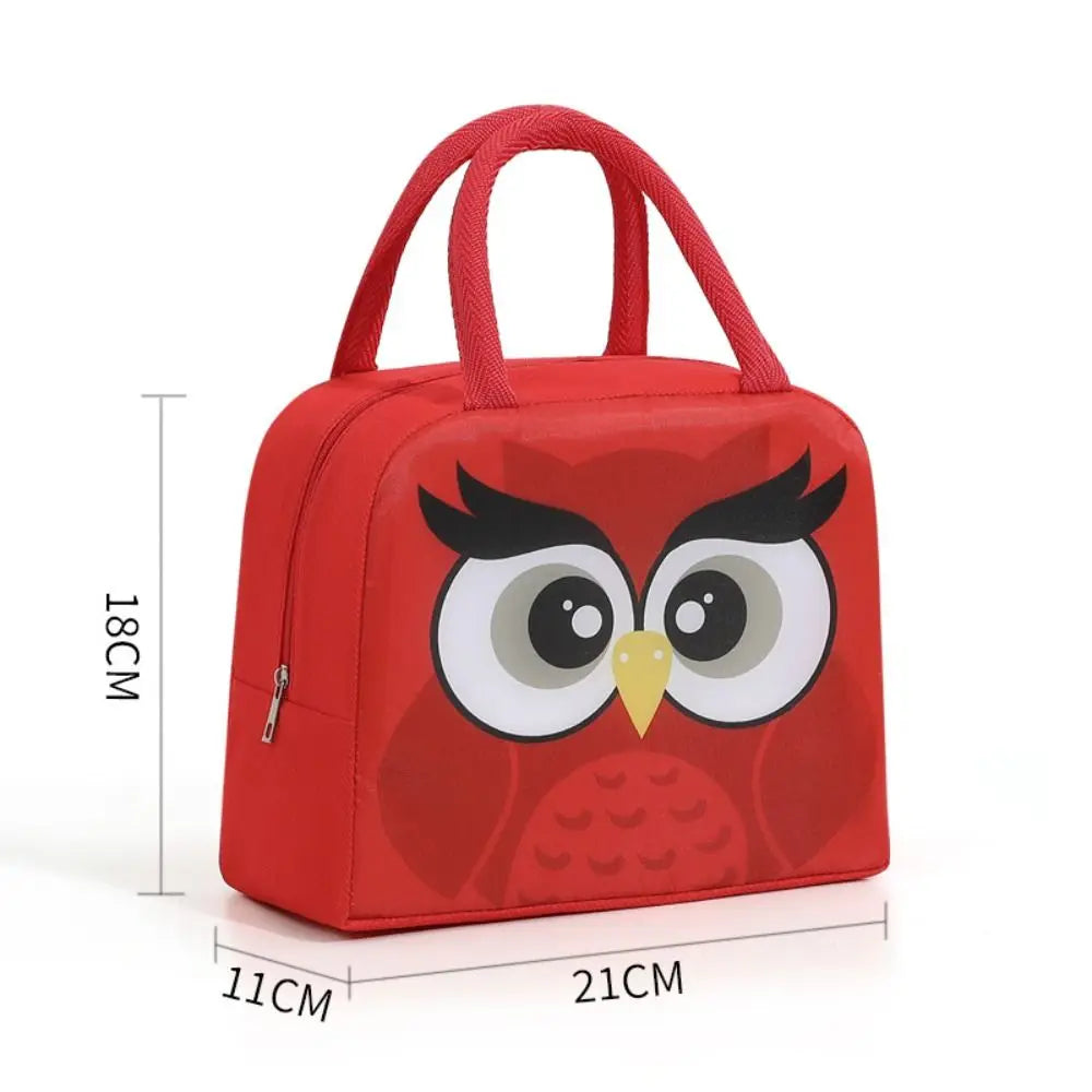 Red kawaii bag with owl design and measurements on a white background