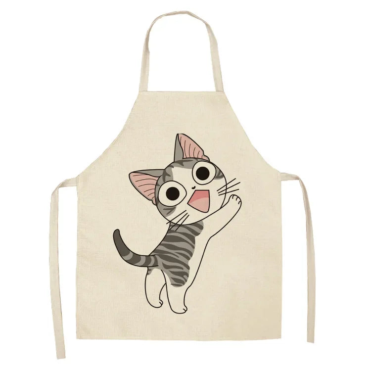 Beige kawaii apron with a cartoon cat design on a white background