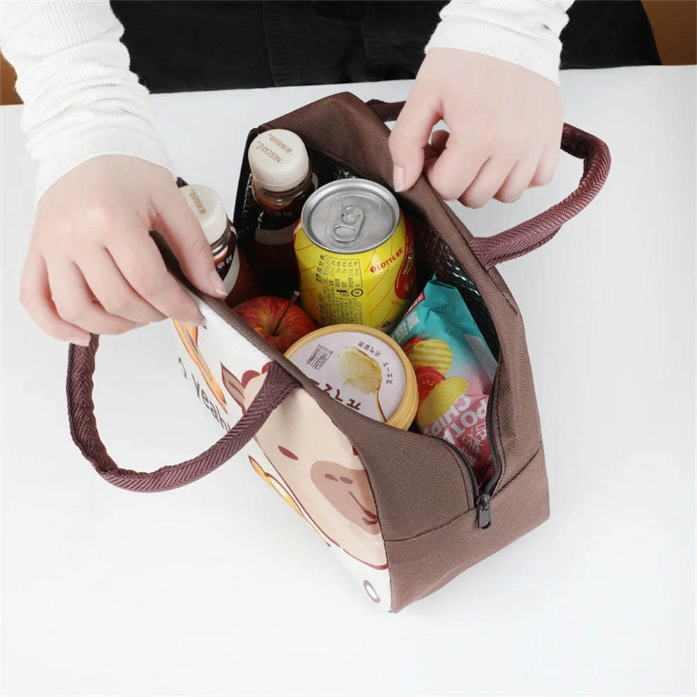 Brown kawaii tote bag filled with snacks and drinks on a white background