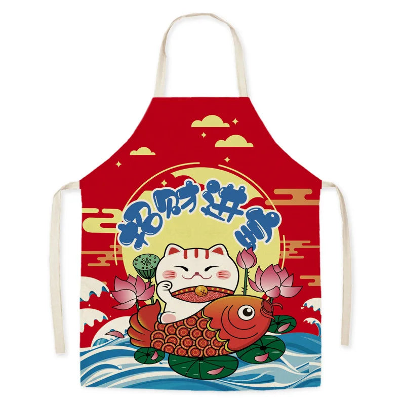 Red kawaii apron with a cartoon cat and fish design on a white background