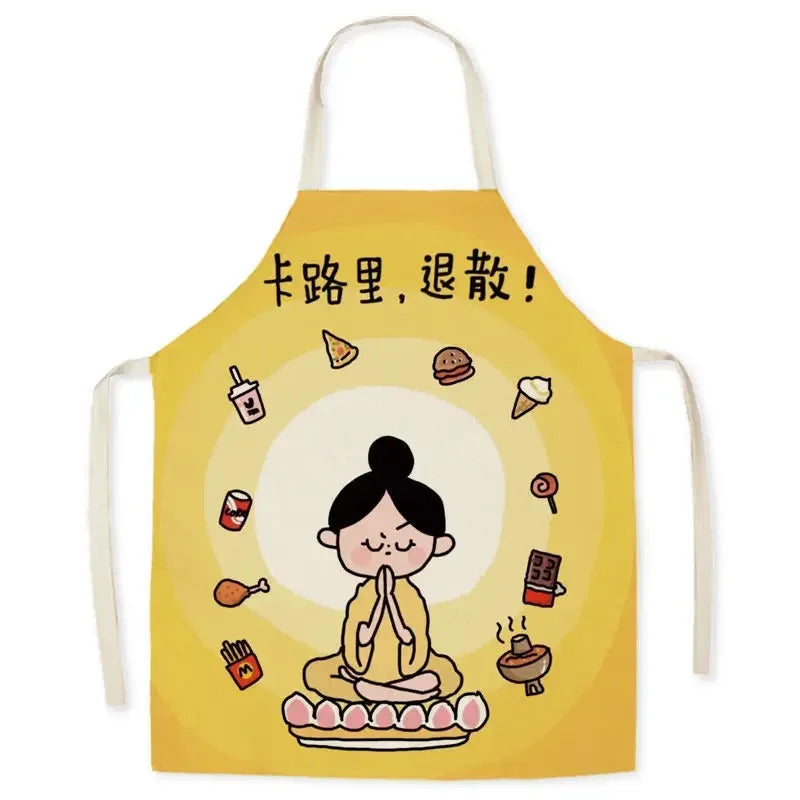 Yellow kawaii apron with cartoon character and food icons on a white background