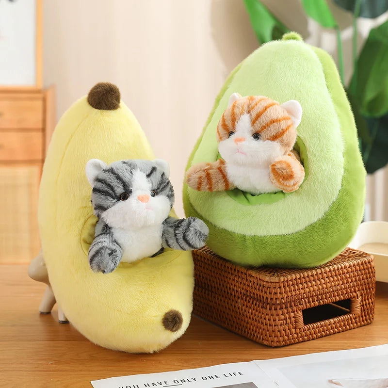 Two kawaii plush toys inside avocado-shaped houses on a wooden surface.