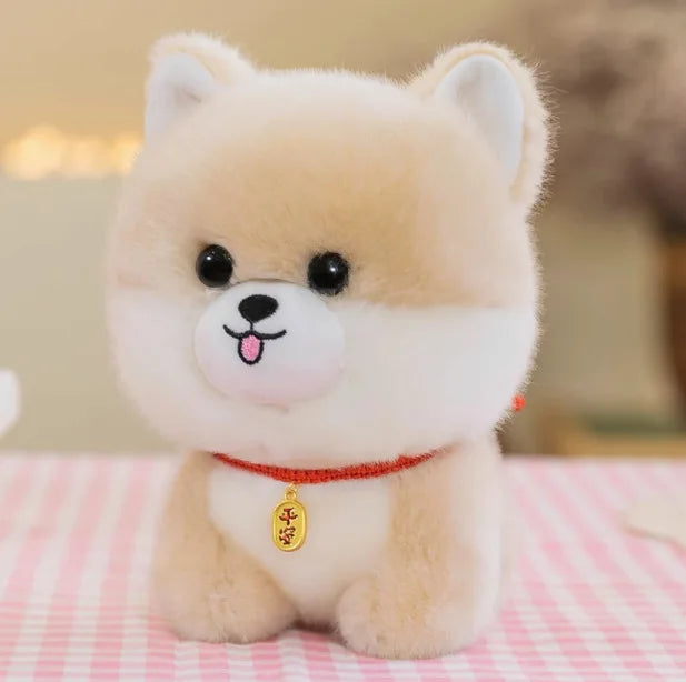 Kawaii plush toy dog with a red collar on a pink and white checkered surface