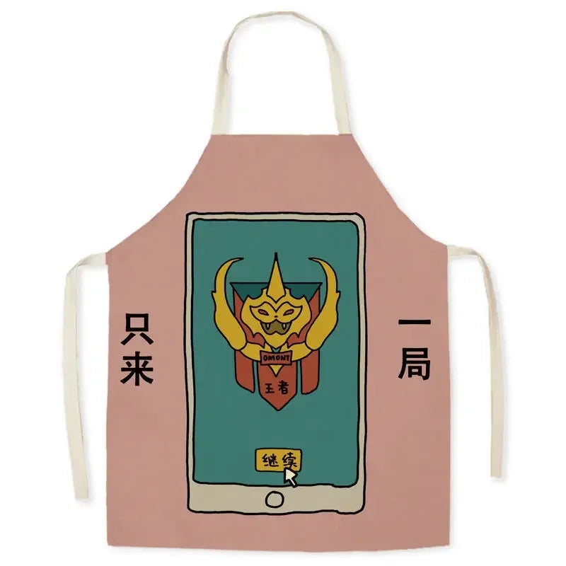 Pink kawaii apron with a graphic design of a phone with a cartoon character and text on a white background